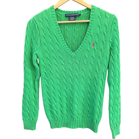 Vintage Ralph Lauren Sport Green Pink Cable Knit V Neck Sweater Preppy Old Money - Picture 1 of 6